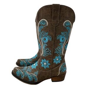 IUV Brown Vegan Mid Calf Blue Floral Embroidered Cowgirl Western Boots 9.5
